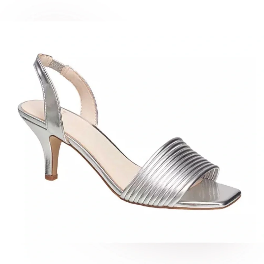 H by Halston Women's Slingback Silver Kitten-Heel Sandals Size 6.5